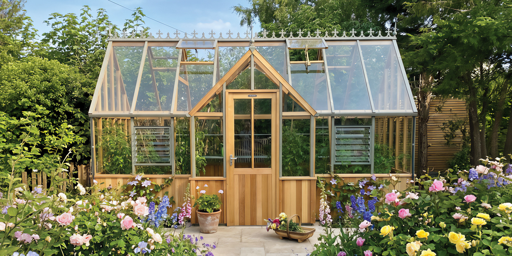 An Alton half boarded Victorian cedar greenhouse surrounded by roses, foxgloves and delphiniums
