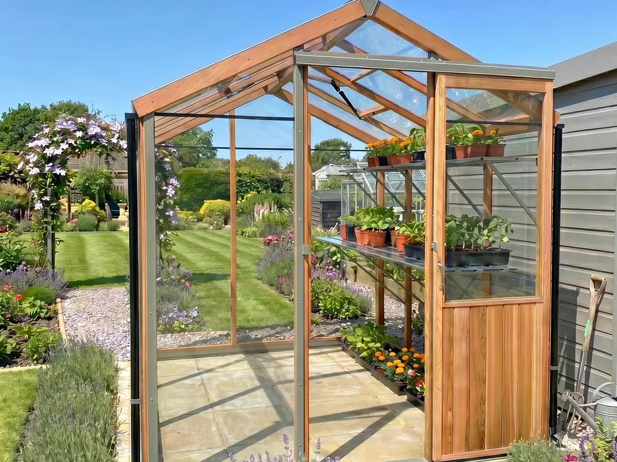 Alton Evolution Six cedar greenhouse in a garden