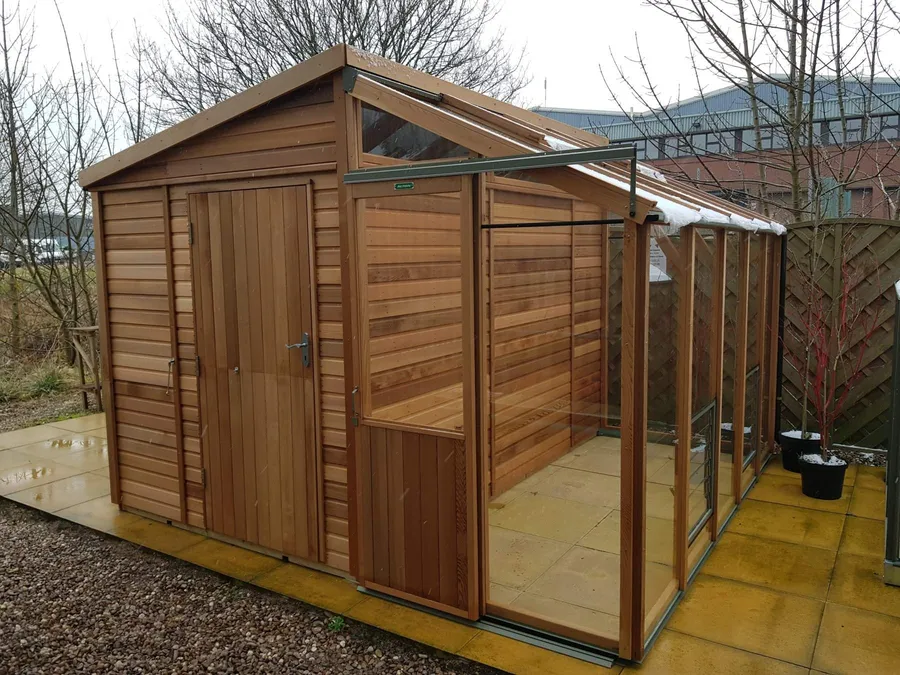 Alton Fusion combined cedar workshop and greenhouse